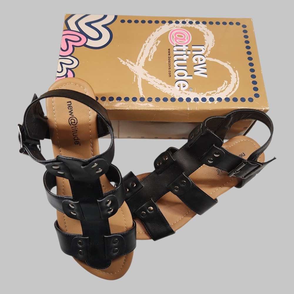 New Atitude Black Wedge Sandals Size 9.5 Silver Stud strappy New In Box